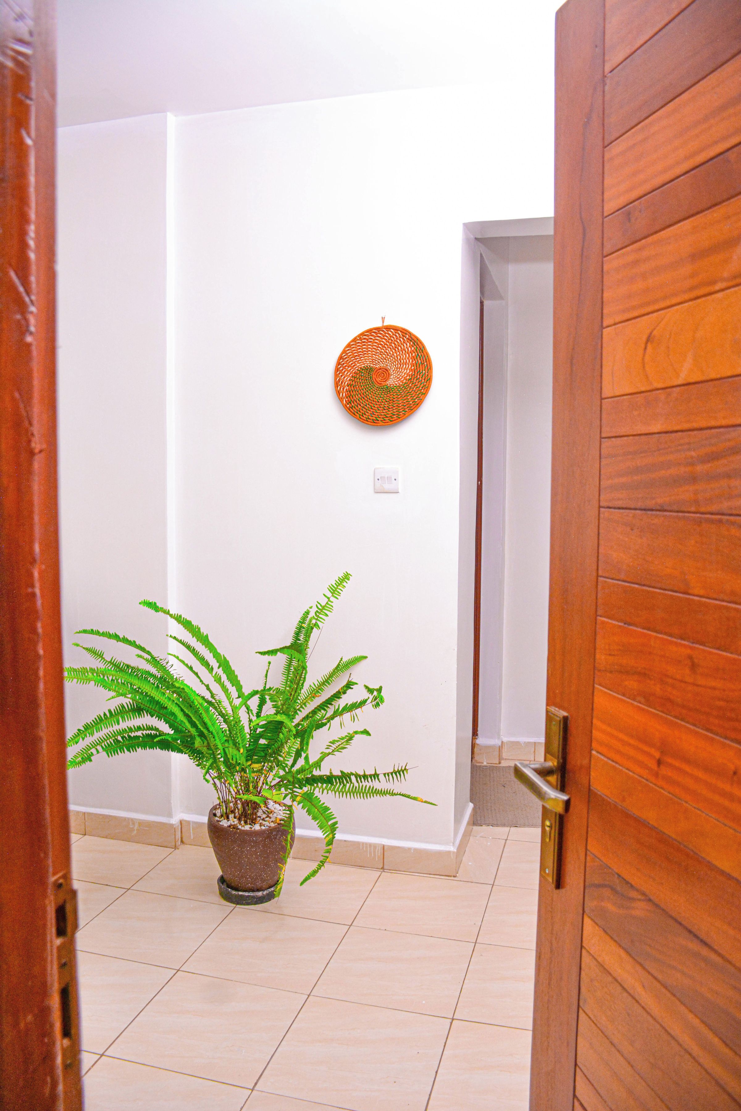 Een hal met een potplantvaren, een geweven mand aan de muur en een houten deur.