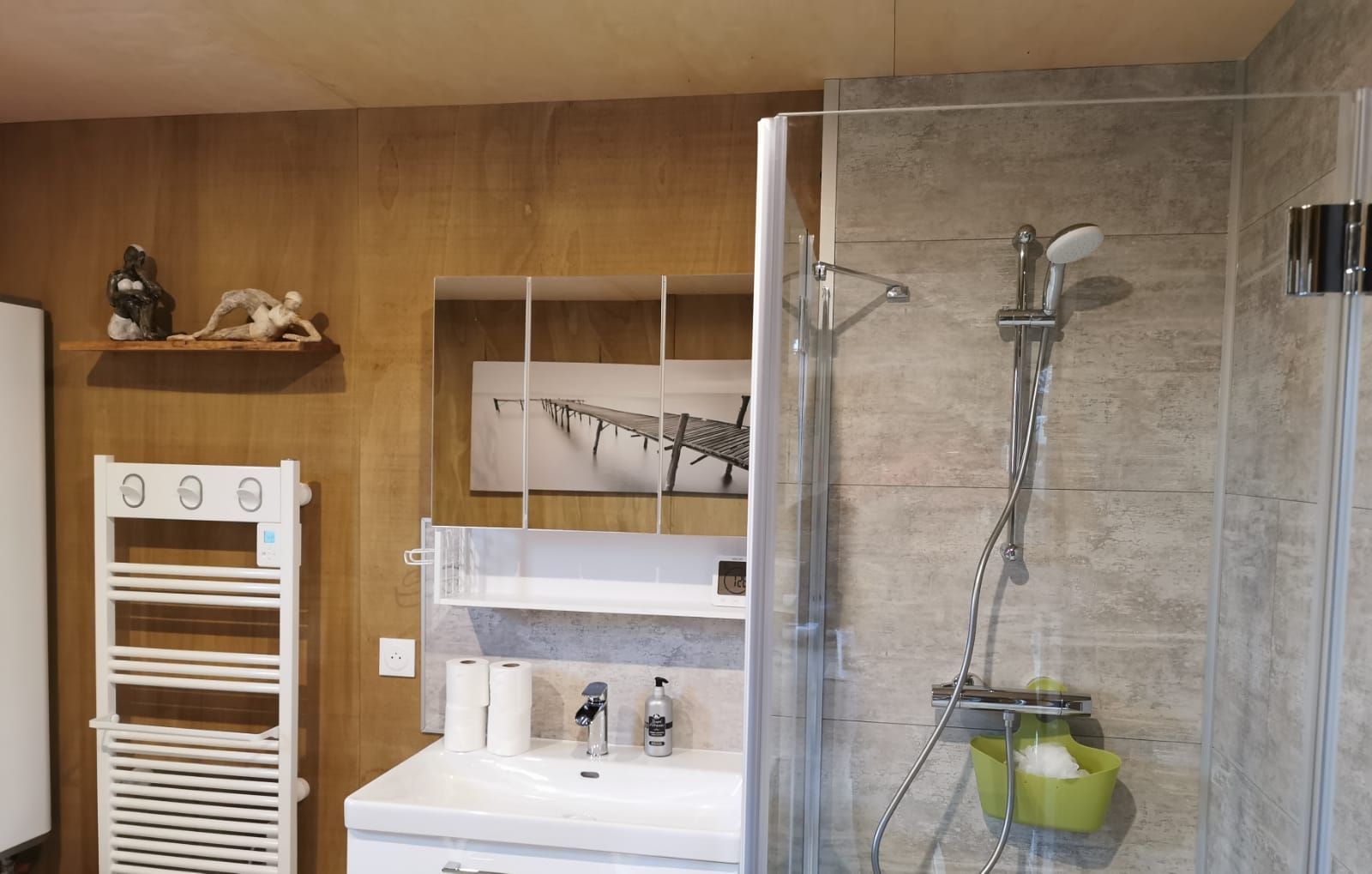 Een moderne badkamer met een douchecabine van glas, een witte wastafel met toiletartikelen en een houten wand met planken.