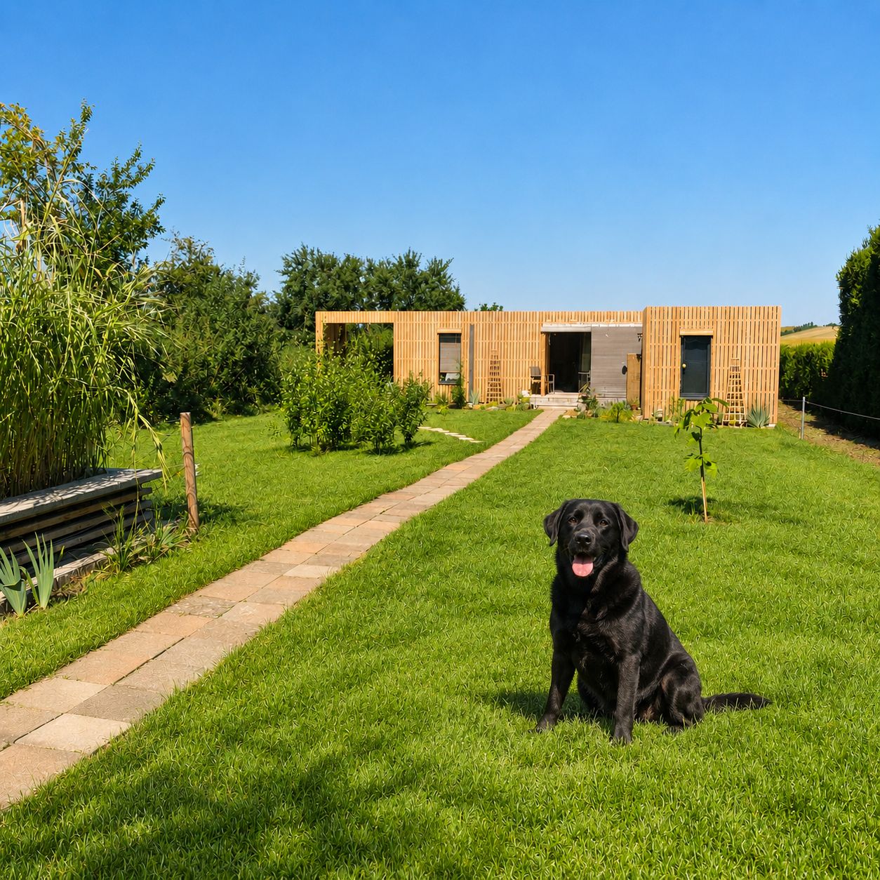Een zwarte hond zit op een gazon voor een modern houten gebouw, met een verhard pad dat naar de ingang leidt.