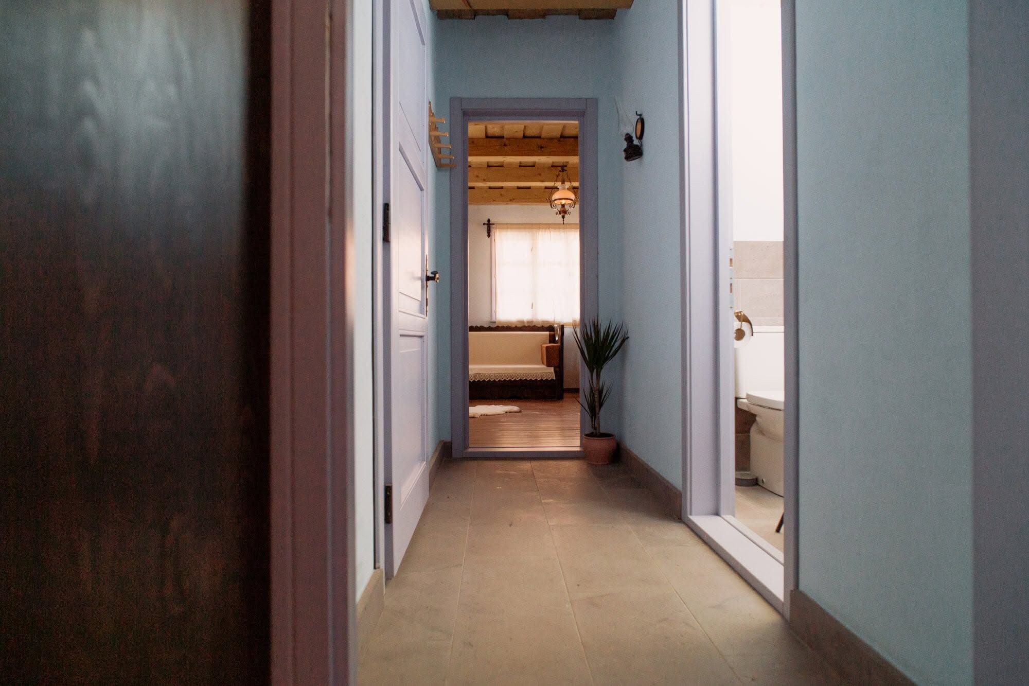 A hallway leading to a bedroom with a window, a door, and a small plant.