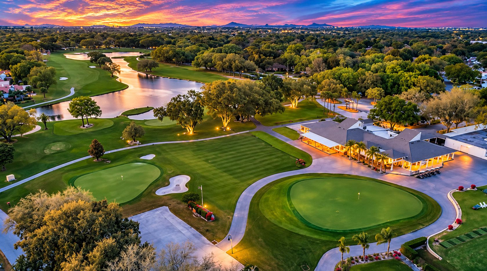 A golf course with a clubhouse, water hazards, and well-maintained lawns.