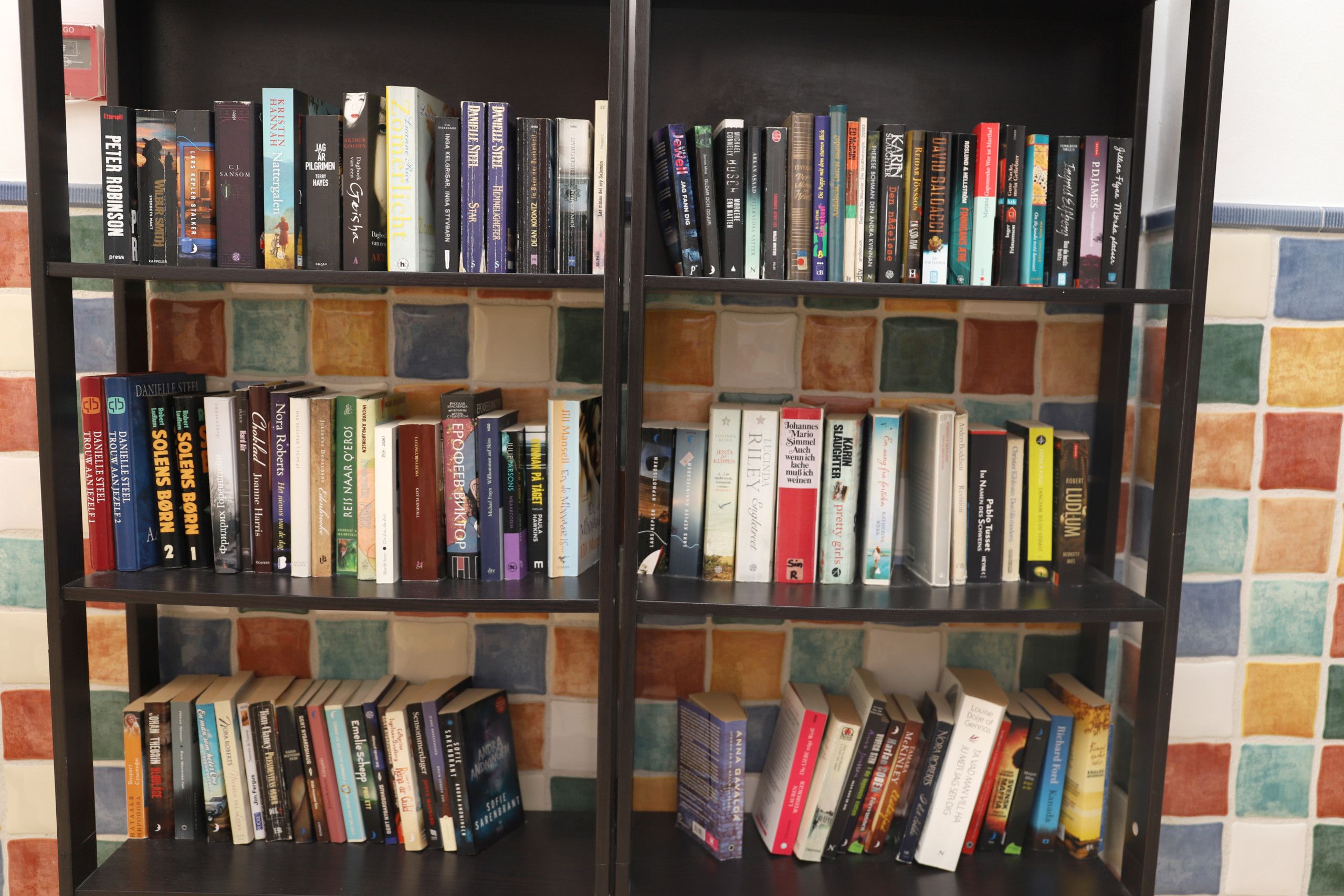 A bookshelf with a variety of books, some with visible titles and authors.