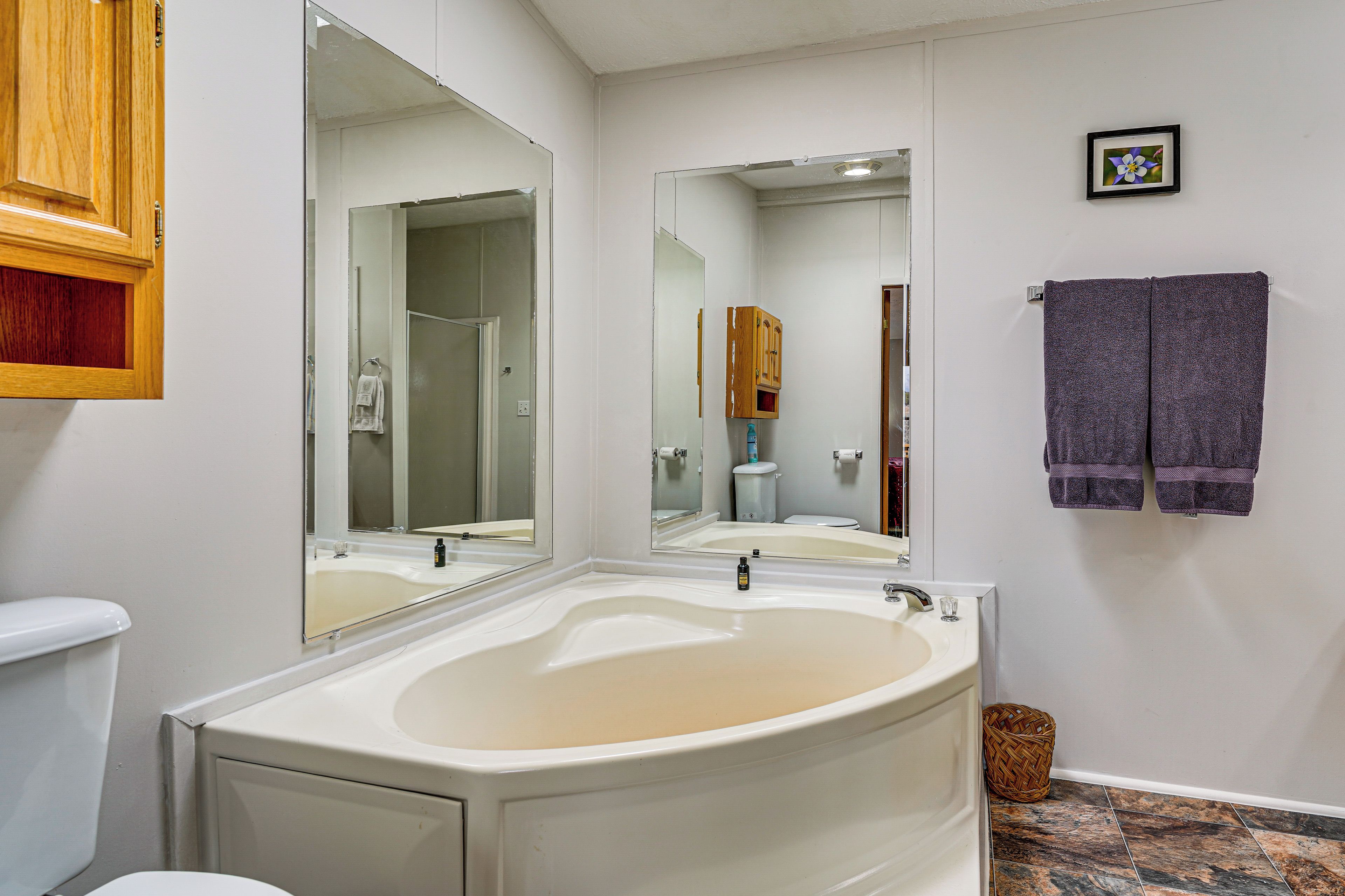 A bathroom with a large bathtub, a toilet, a sink, and a mirror.