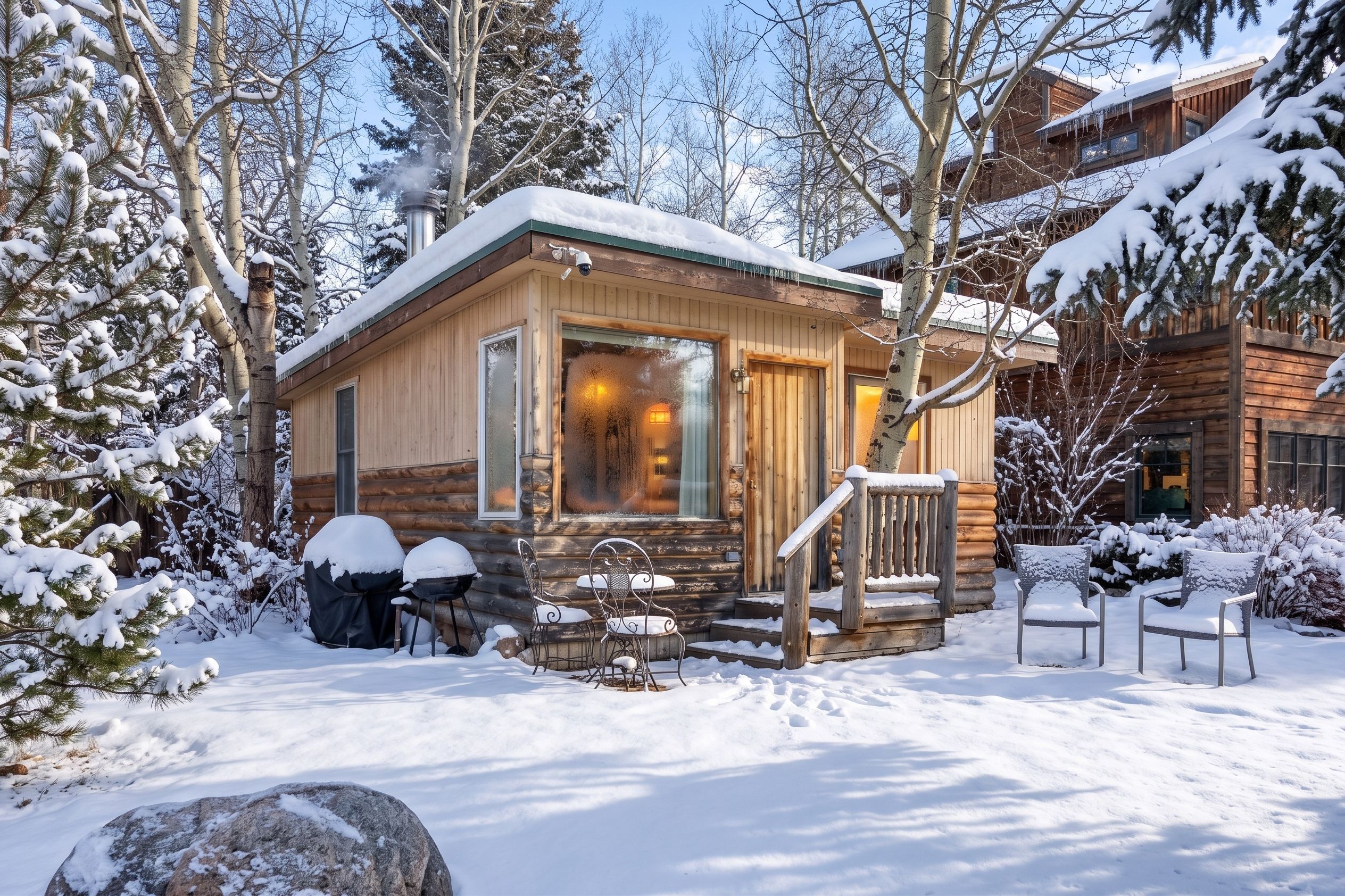 A wooden cabin with a porch, surrounded by snow-covered trees.