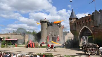 A medieval-themed event with a castle backdrop, performers in costumes, and a crowd watching.