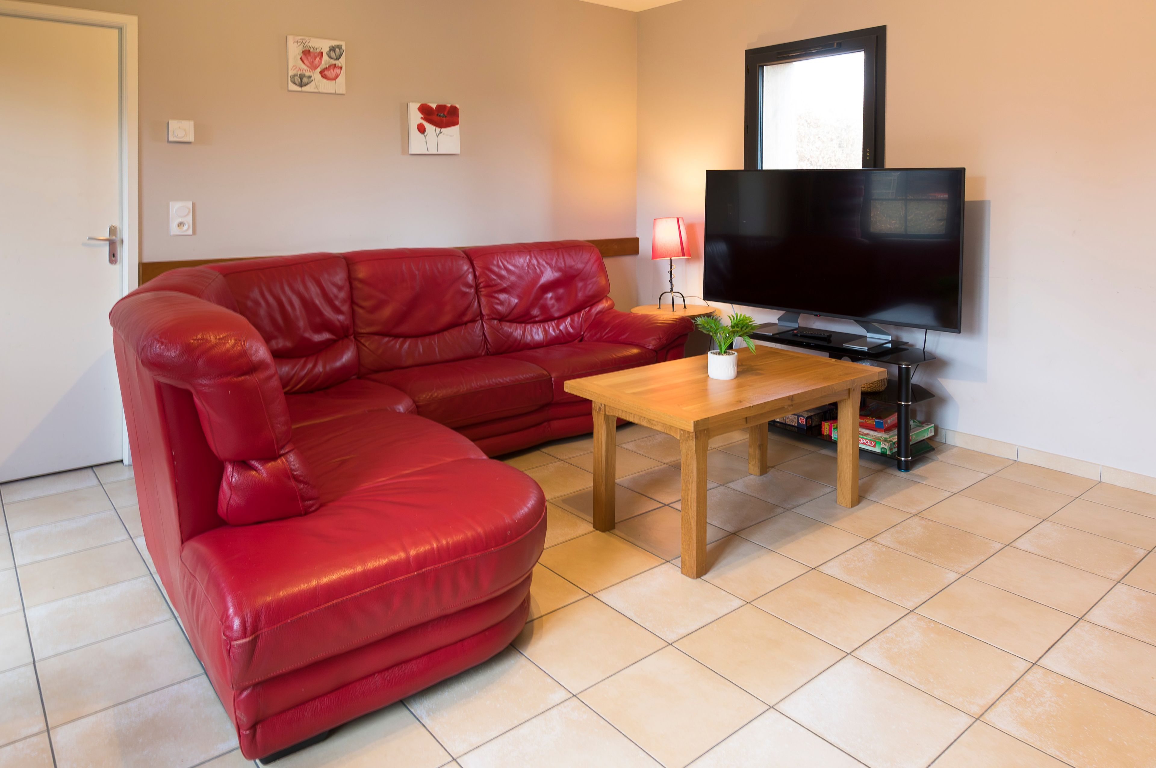Ein rotes Ledersofa, ein Holztisch, ein Fernseher und ein kleiner Topfpflanze in einem Wohnzimmer.