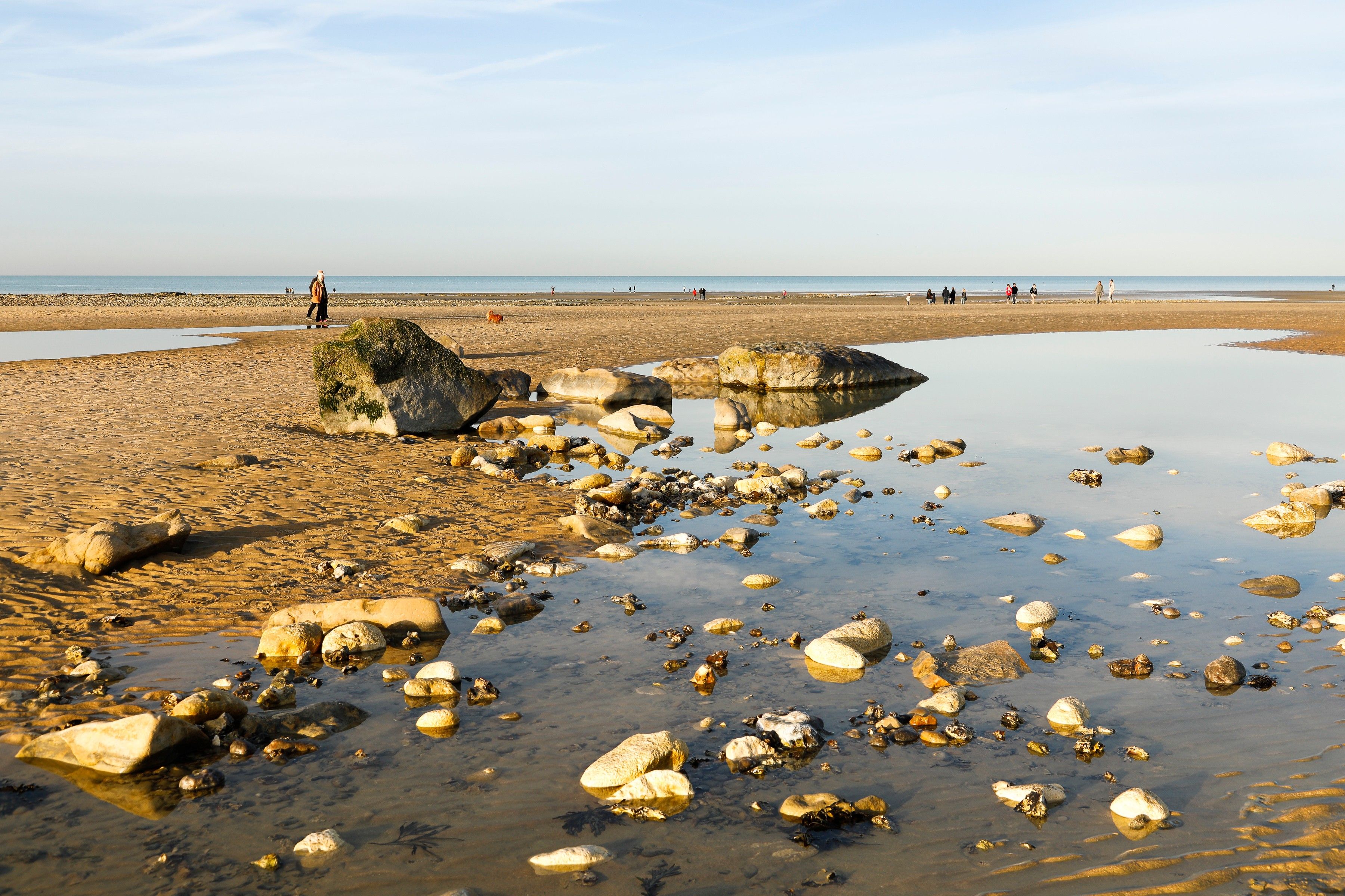 Une plage parsemée de rochers, avec une eau calme, un ciel dégagé et des personnes visibles au loin.