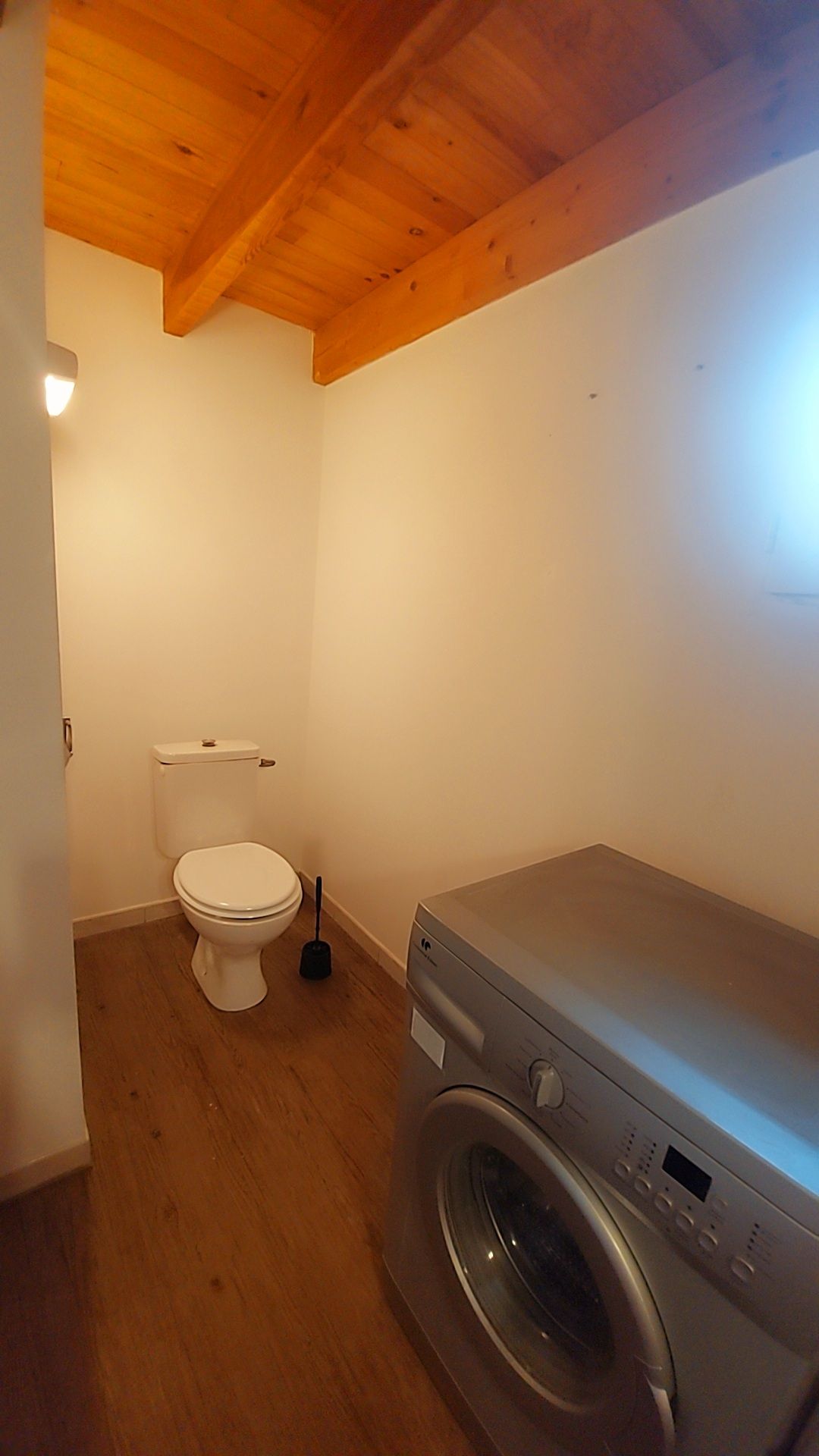 Une petite buanderie équipée d’un lave-linge et de toilettes.