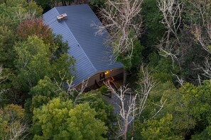 Una casa con techo inclinado rodeada de árboles frondosos.
