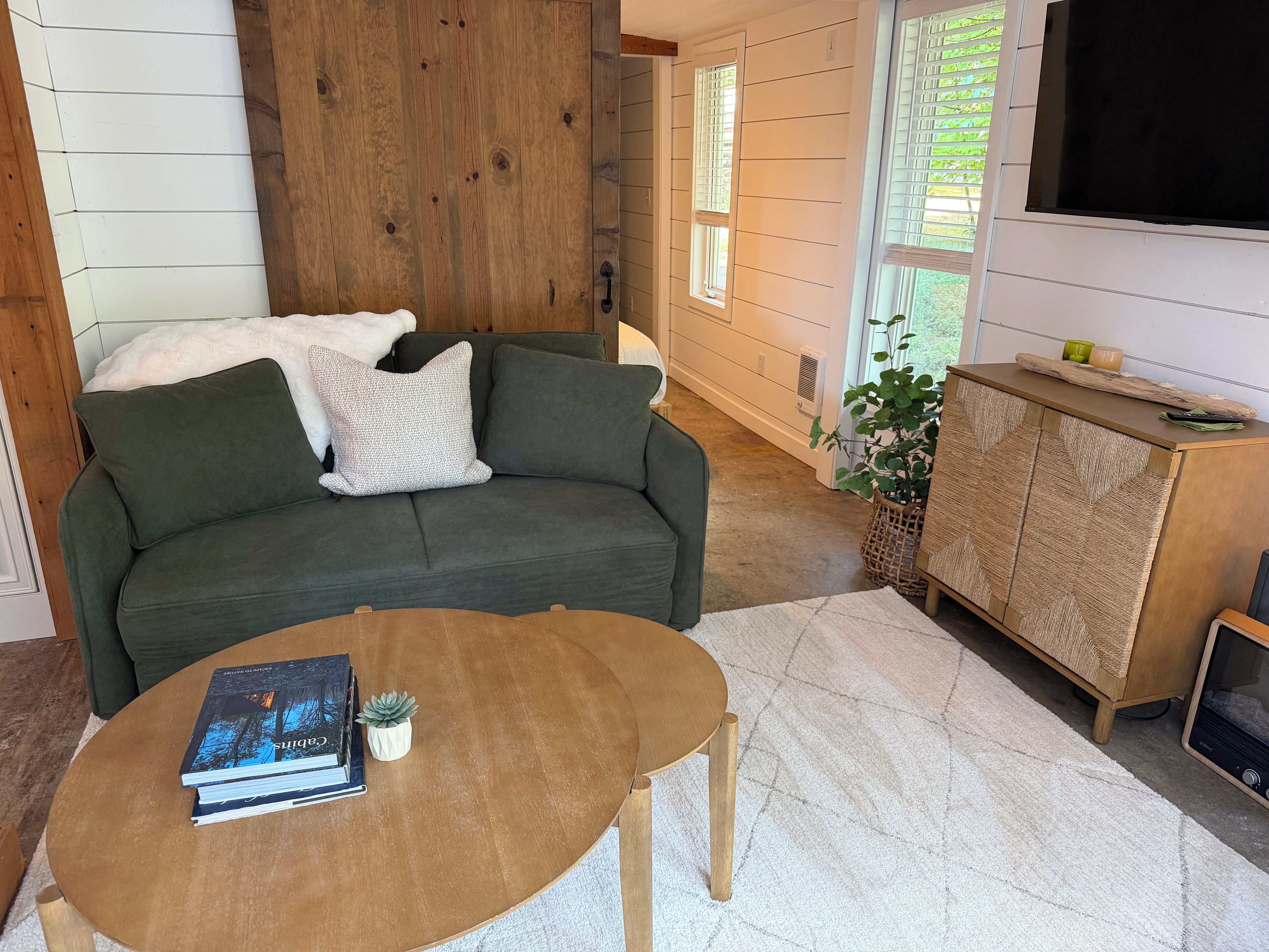 A cozy living room with a green sofa, a wooden coffee table, and a cabinet with a woven design.