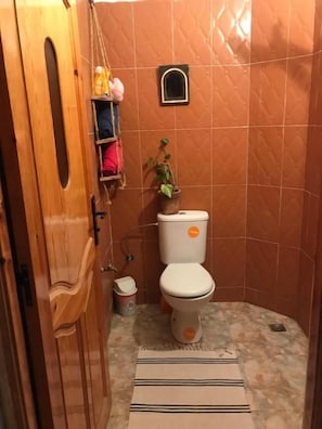 A bathroom with a toilet, a small shelf with towels, a potted plant, and a wooden door. - Agachill Surf House (Aourir)