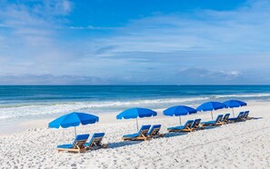 A beach with rows of blue sun loungers and matching umbrellas. - Phoenix East 308 1 Bedroom Condo (Orange Beach)