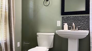 Un baño con inodoro, lavabo y planta colgante.