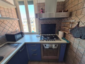A compact kitchen with a gas stove, oven, microwave, and a window with a view of buildings. - Floor 10 - Tenth Floor (Roma)