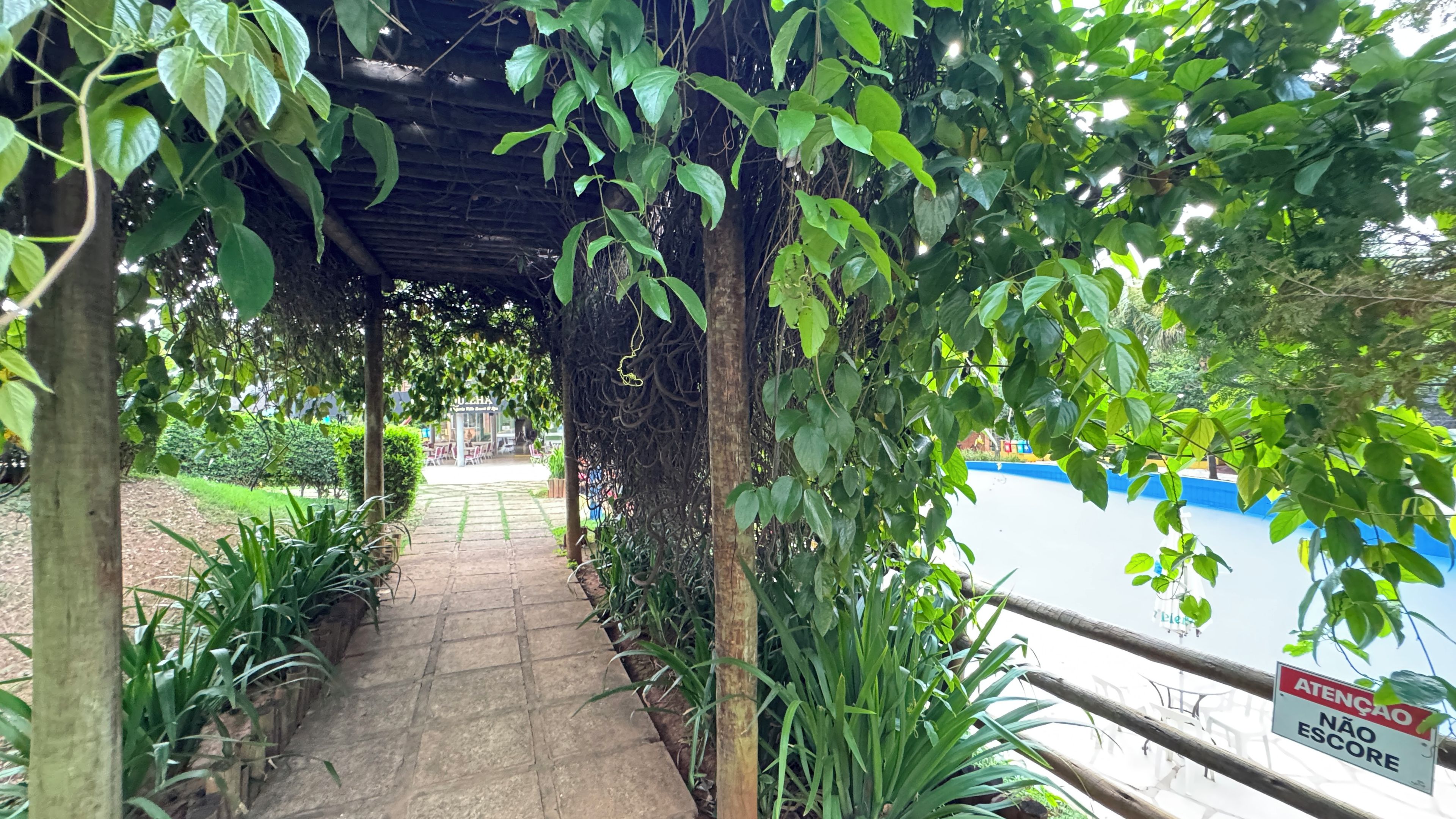 A covered walkway with a tiled floor, surrounded by lush greenery and a blue pool in the background.