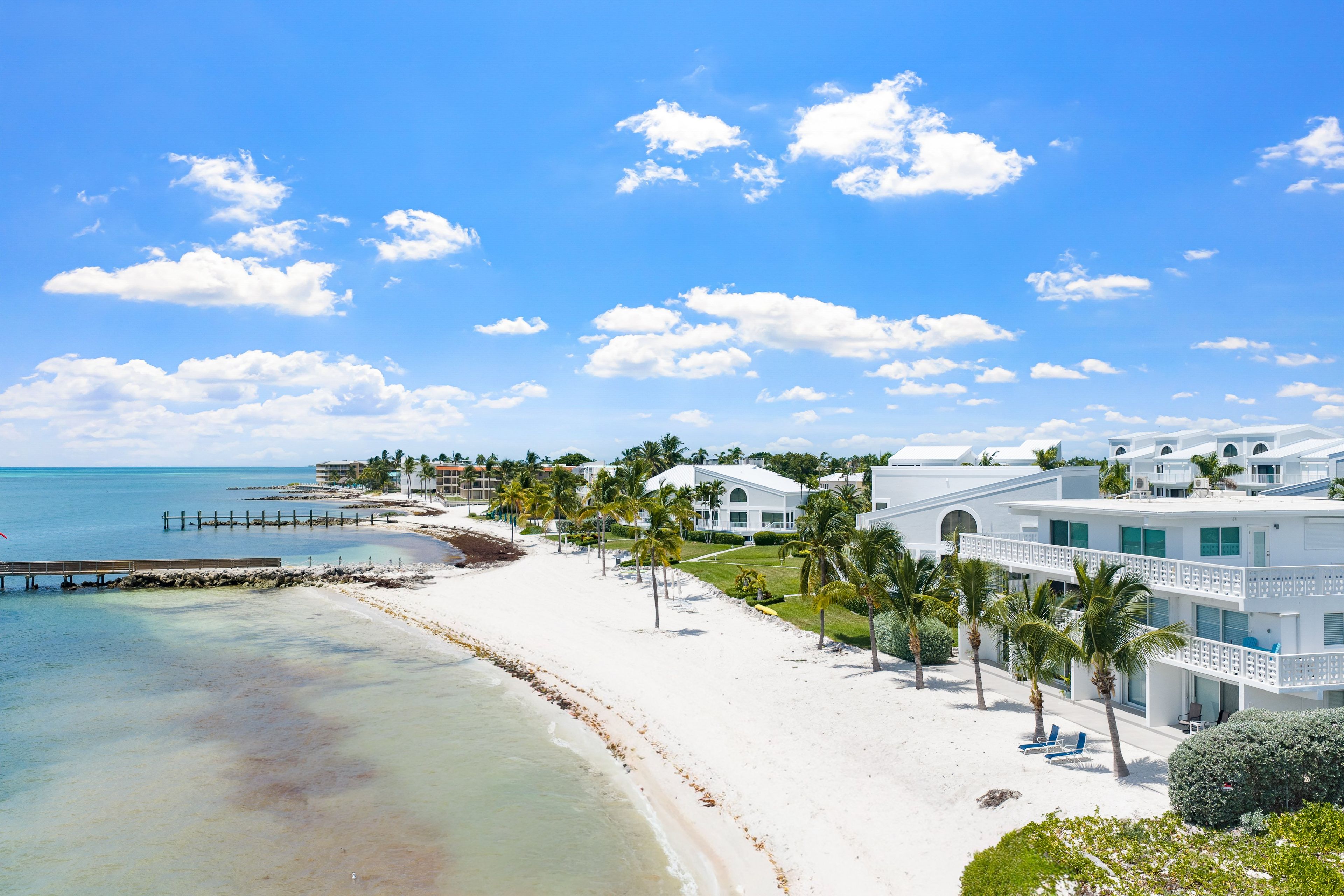 A coastal resort with beachfront villas, palm trees, and a pier.