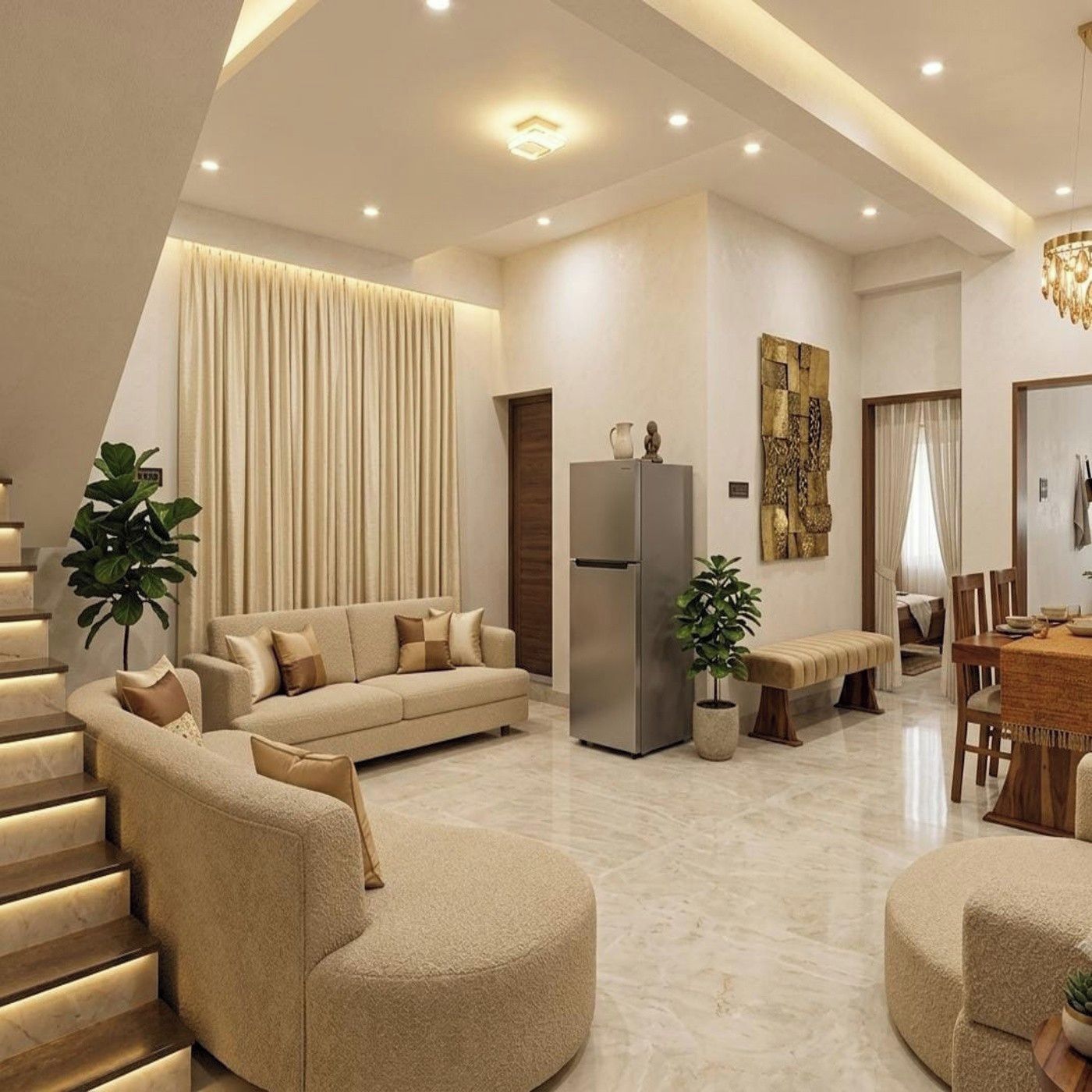 A modern living room with a sofa, a dining area, and a kitchen.