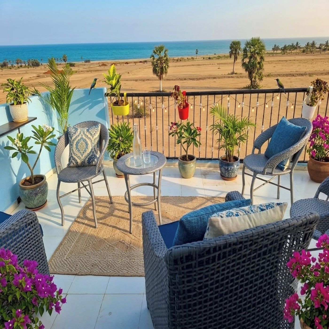 A balcony with wicker furniture, potted plants, and a view of the beach.