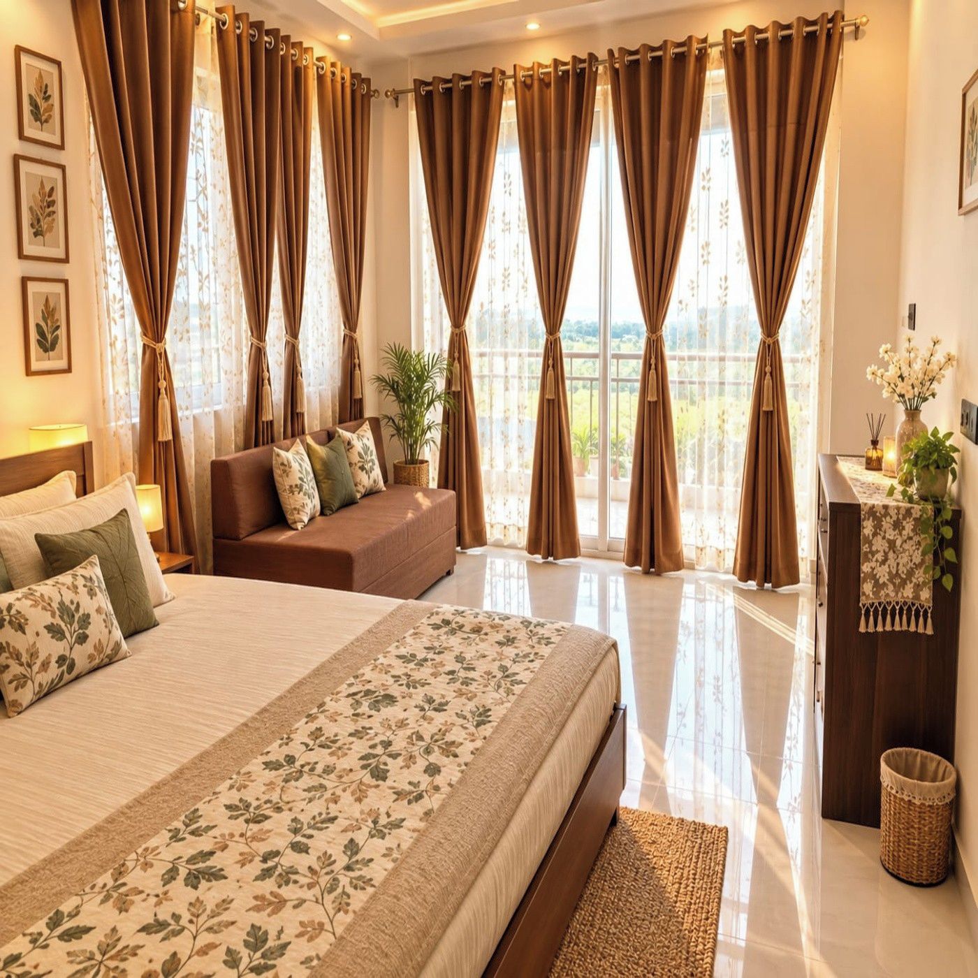 A hotel room with a large bed, a sofa, a desk, and a view of the outdoors.