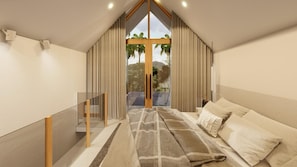 A bedroom with a large window, a bed, a glass partition, and curtains. - Seven Roots Villa (Praya)