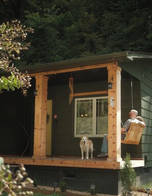 A wooden cabin with a porch, a dog, and a person sitting on a swing. - Historic Cottage Near PMC, UPIKE and Arena (Pikeville)