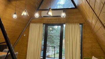 A room with a sloped ceiling, wooden walls, a sliding glass door, and a green sofa.
