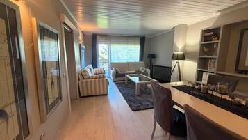 Una sala de estar moderna con un sofá, una mesa de centro y un televisor.