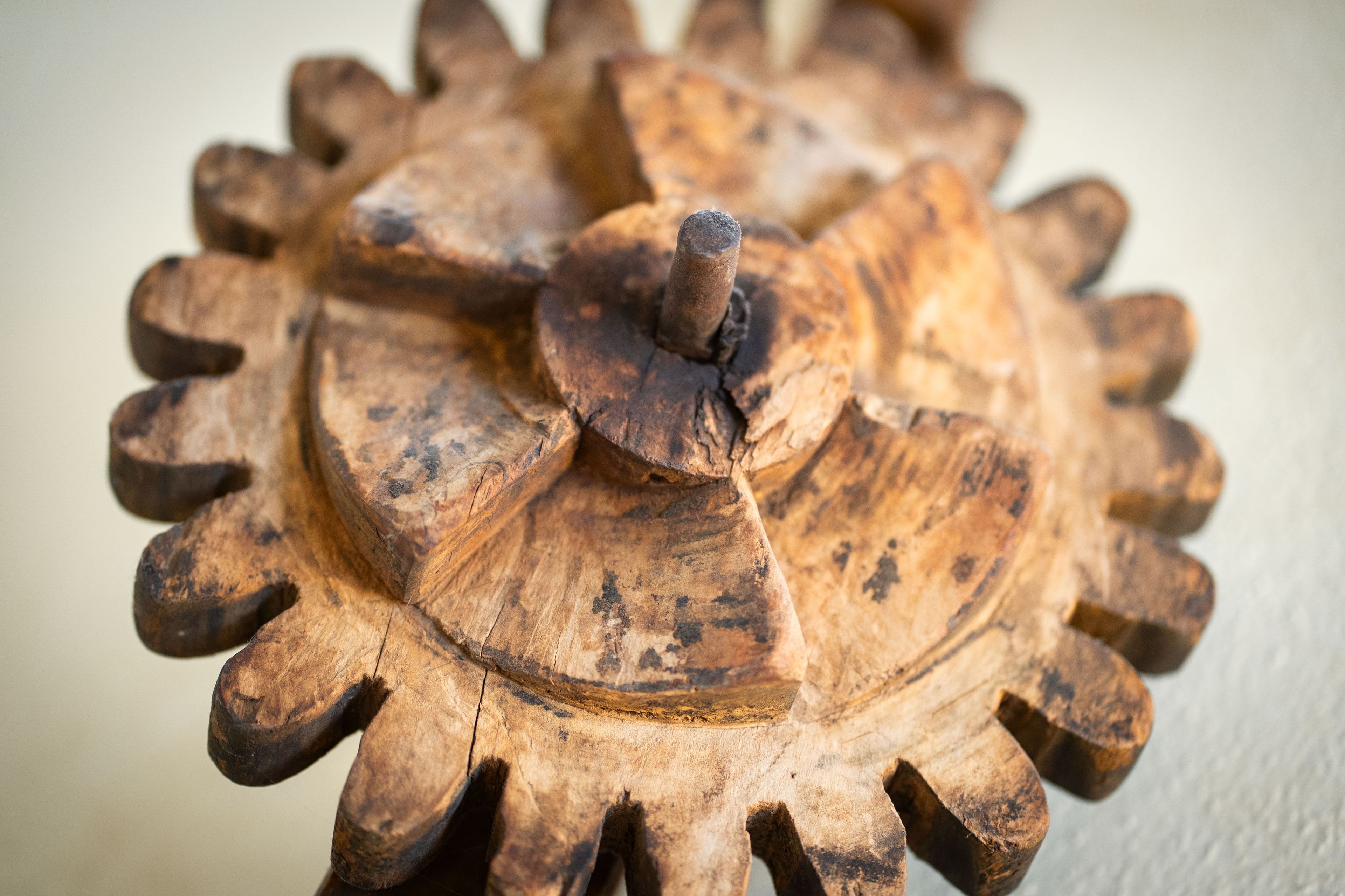 A wooden sculpture with a central cylindrical piece surrounded by leaf-like structures.