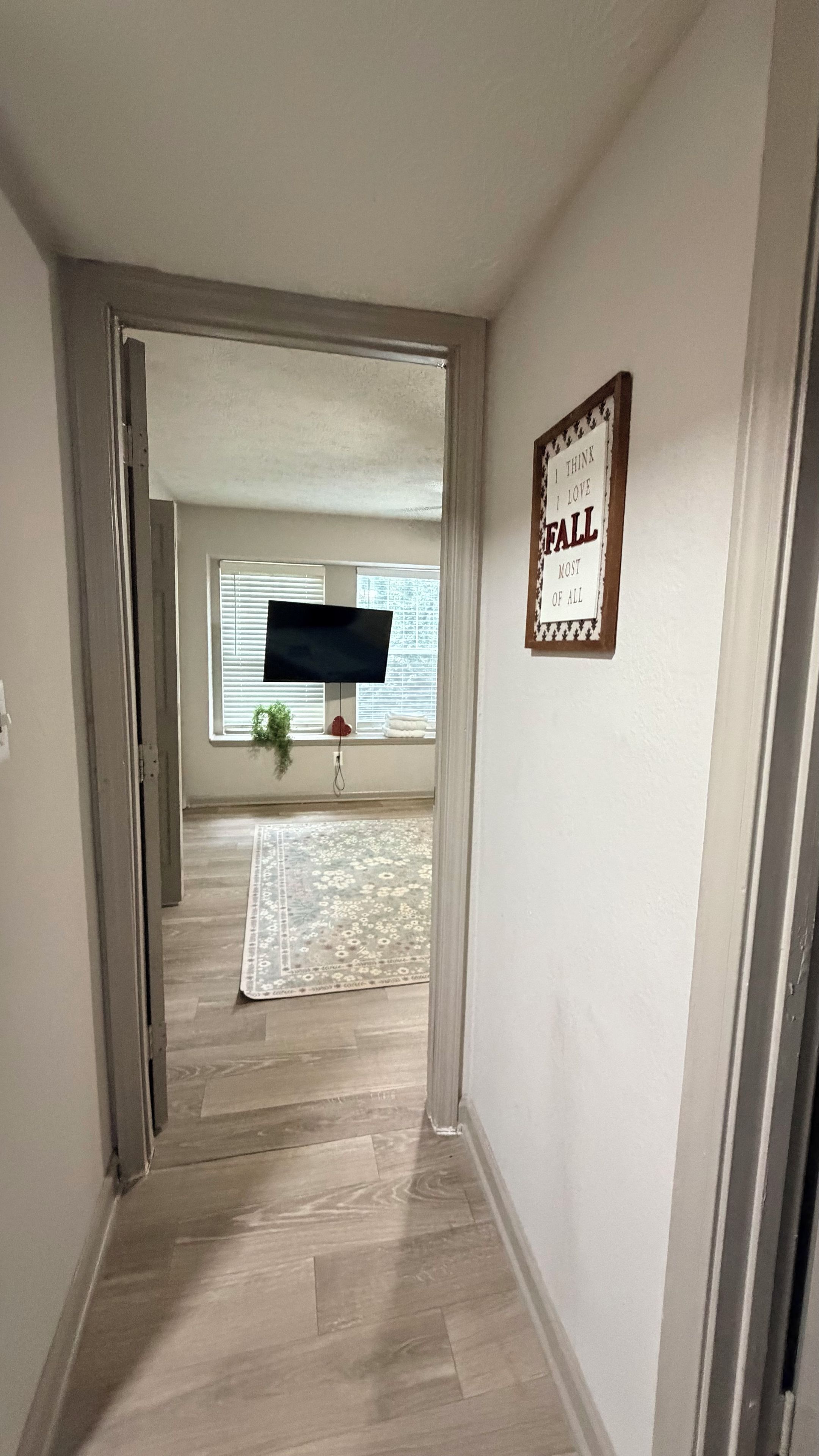 A hallway with a wooden floor leading to a room with a large window, a framed sign on the wall, and a plant by the window.