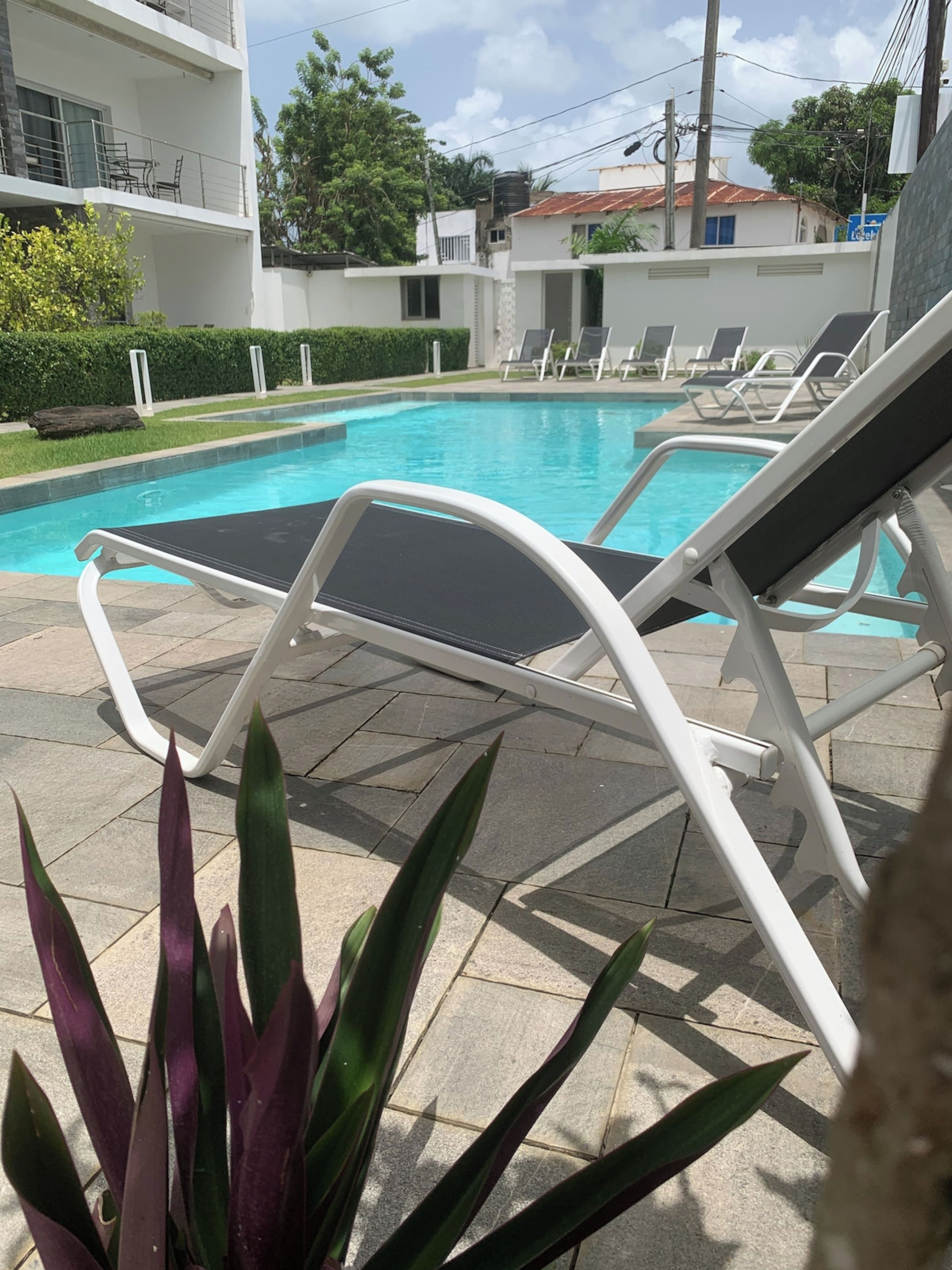 Zona de piscina con sillones de descanso y una alberca.