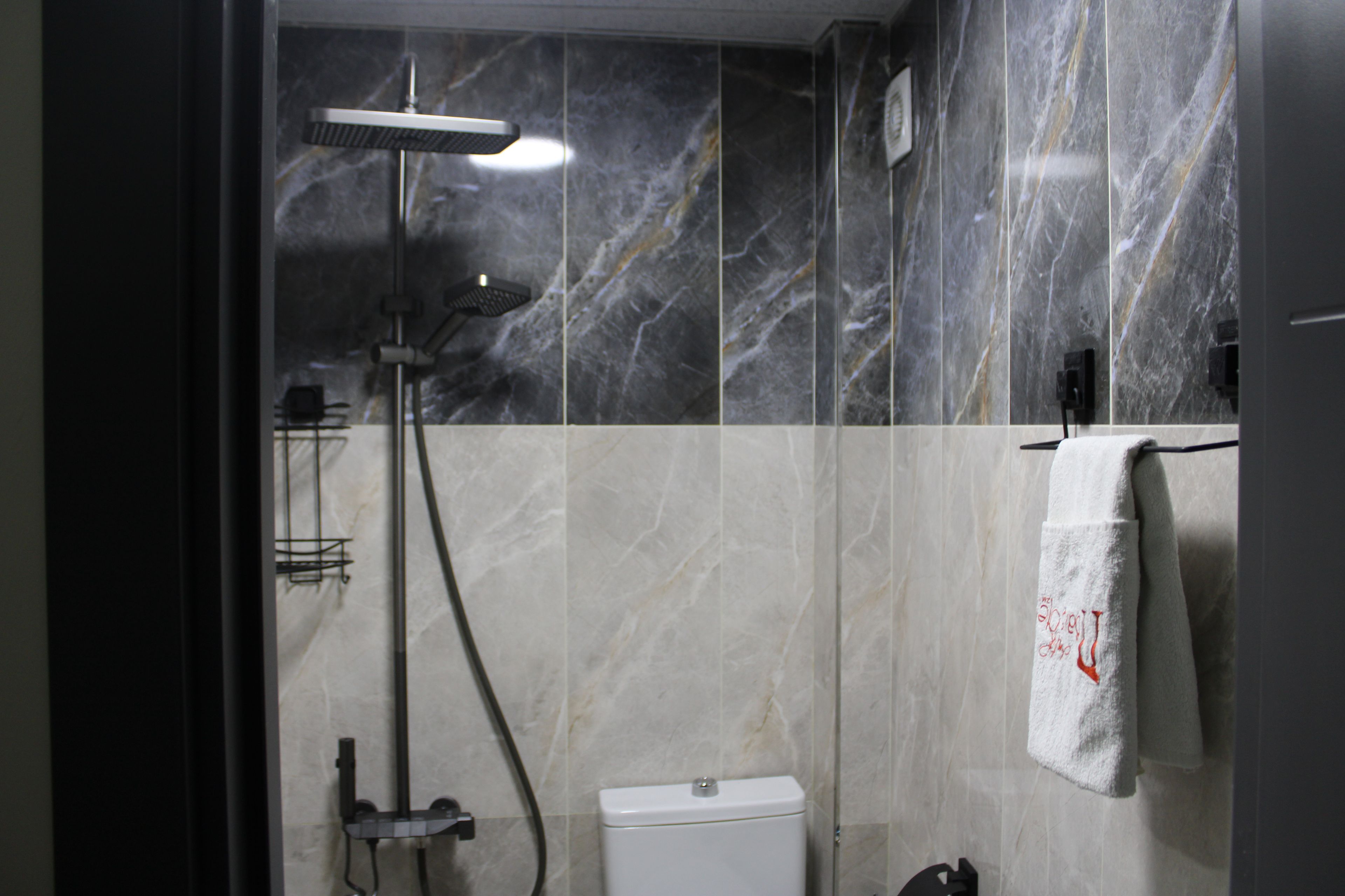 Un baño con ducha, inodoro y perchero para toallas.