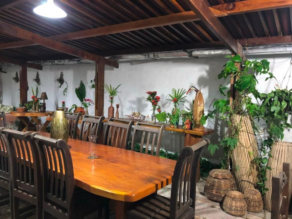 Un comedor con una mesa y sillas de madera, rodeado de plantas en macetas y objetos decorativos.