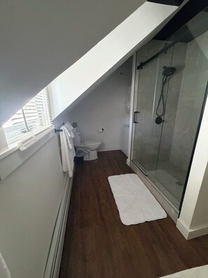 Ein kleines, modernes Badezimmer mit Dusche, Toilette und einem Fenster.