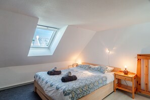 A bedroom with a skylight, a bed with patterned bedding, a bedside table with a lamp, and a wooden nightstand. - L'Horizon de Pentrez -charmant duplex proche plage (Saint-Nic)