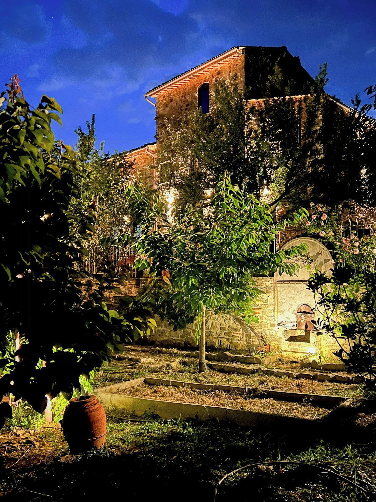 Un edificio storico con facciata in pietra, un cortile centrale e un grande albero sullo sfondo.