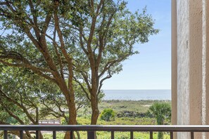 A balcony with a view of a beach and ocean. - Renovated Direct Oceanfront Island Club (Hilton Head)