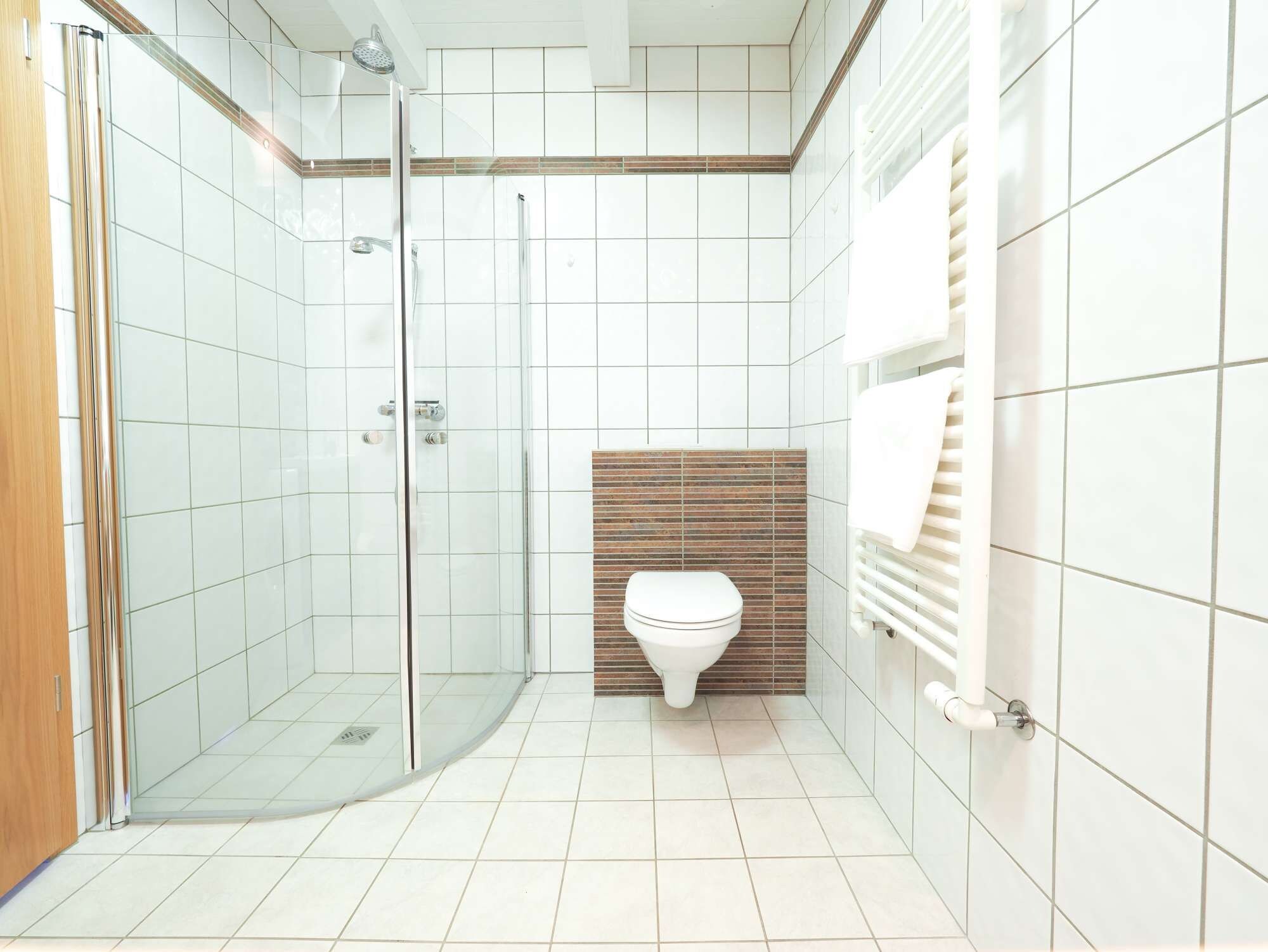 Ein modernes Badezimmer mit einer gläsernen Dusche, einer Toilette und einem Handtuchhalter.