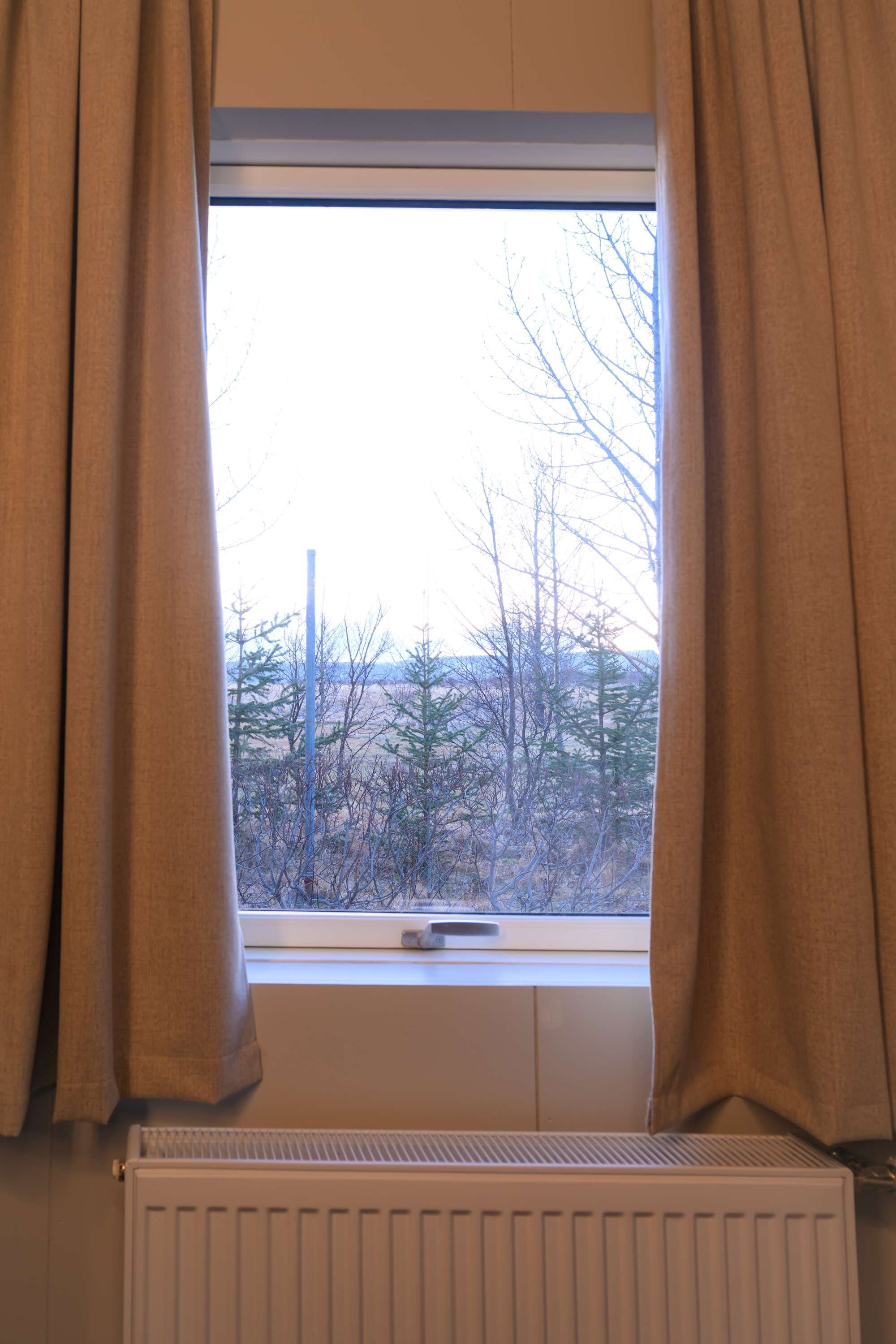 A window with beige curtains, a radiator below, and a view of trees and a power pole outside.