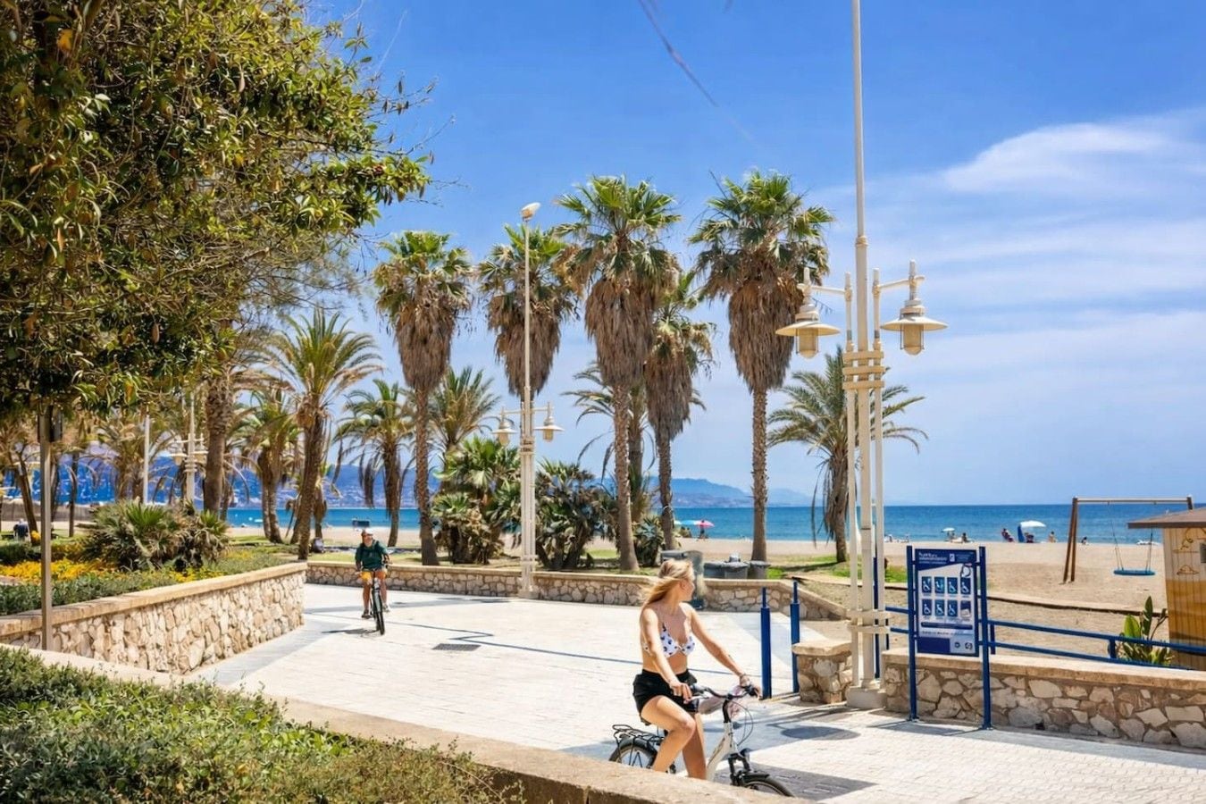 Une promenade en bord de mer, avec un sentier pavé, des palmiers et une vue sur la mer.