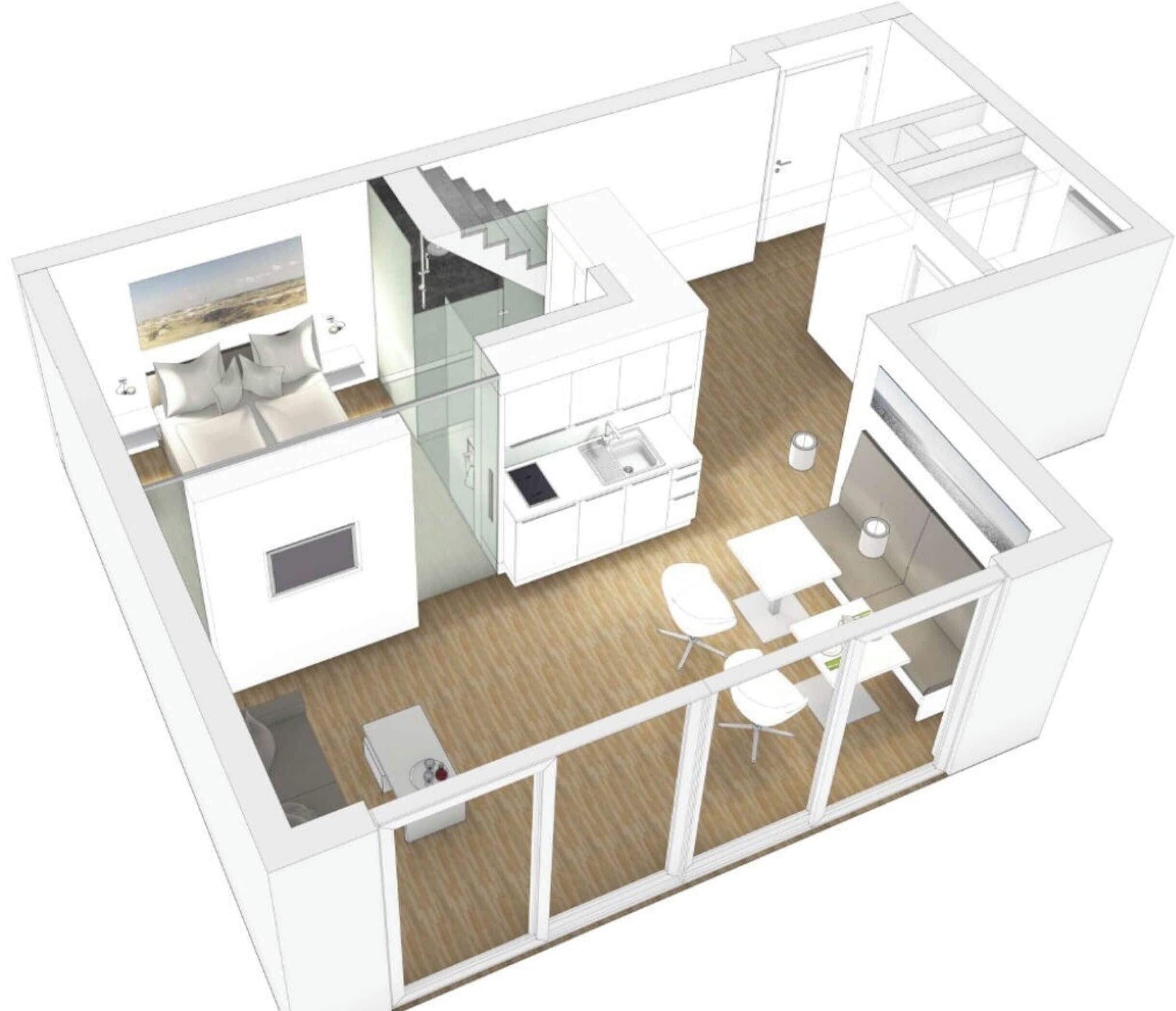 A modern interior with a kitchen, dining area, and a staircase leading to an upper level.