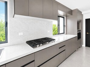 A modern kitchen with a gas stove, grey cabinets, and a window providing a view of greenery. - Villa La Mar | Golf & Ocean Views, Private Pool (Punta Cana)