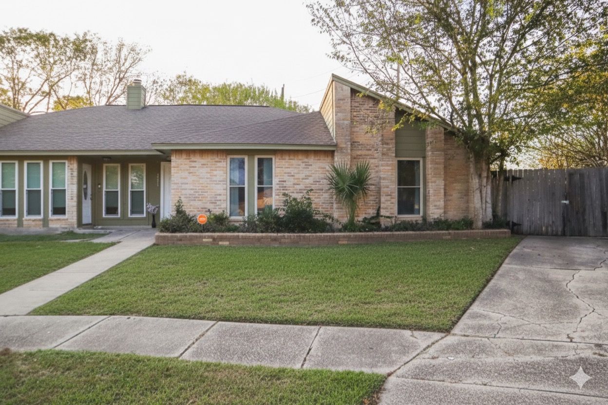 A residential house with a brick facade, a front lawn, and a wooden fence.