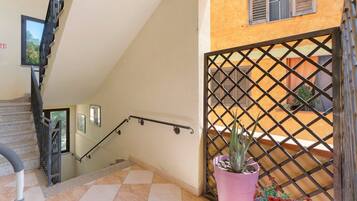 A staircase with a metal railing, a potted plant, and a decorative gate.