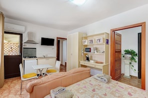 Una habitación compacta con cama, kitchenette pequeño, televisor y una planta en maceta.