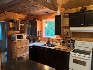 A rustic kitchen with wooden cabinets, a microwave, a sink, and a stove.