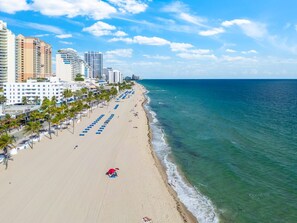 Ein Strand mit einer Reihe von Palmen, einem sandigen Ufer und einer Stadtansicht im Hintergrund.