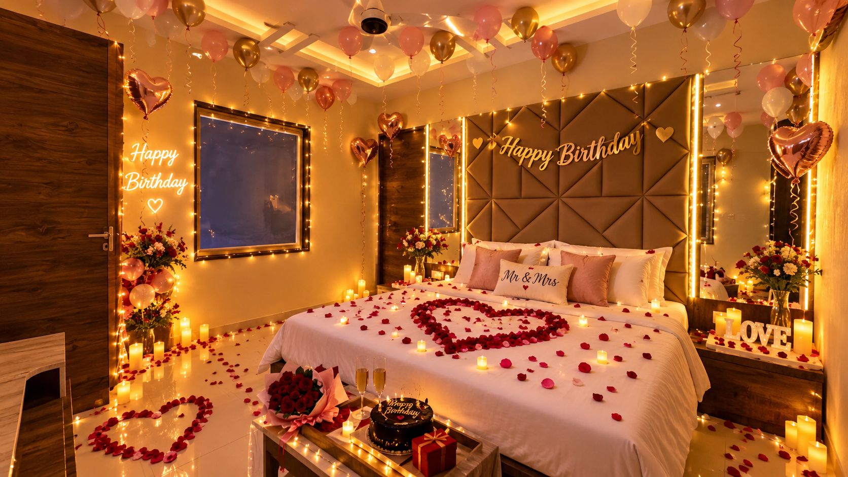 A romantic bedroom with a bed, heart-shaped decorations, and a 'Happy Birthday' sign.