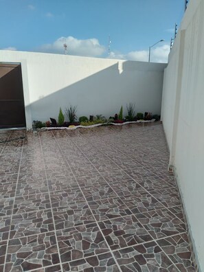 Un patio empedrado con un muro blanco y una fila de plantas.