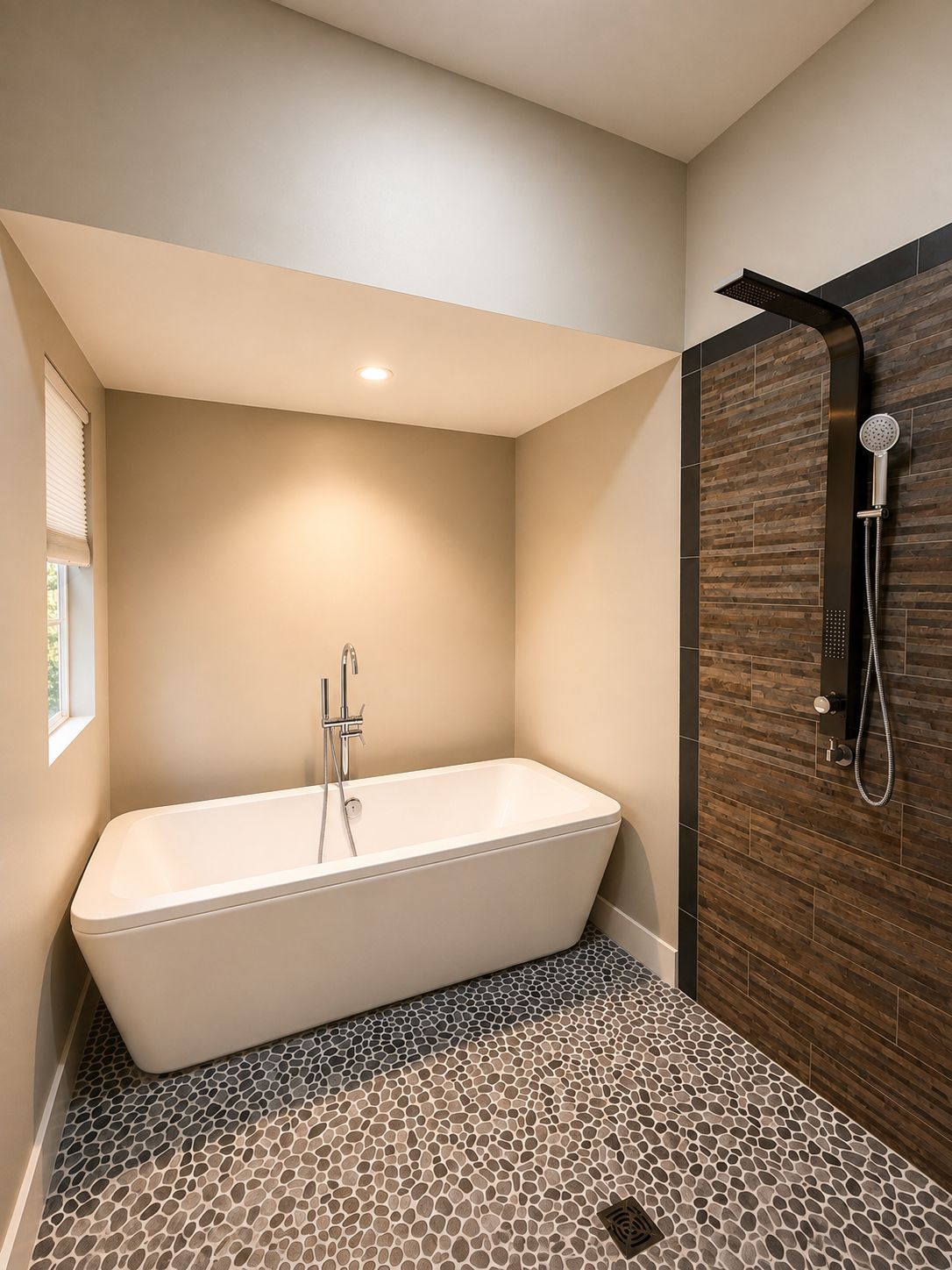 A modern bathroom with a freestanding bathtub, a shower with a rain showerhead, and a patterned floor.