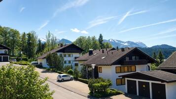 A residential area with houses, a street, and a mountain backdrop.